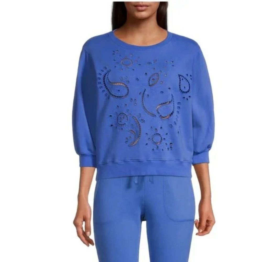 Johnny Was Blue Eyelet Cutout Sweater Crewneck Pullover